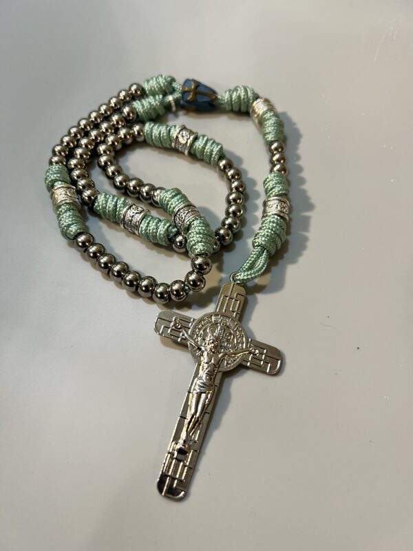 Stainless Steel Rosary with Celtic Knot Accents & Mint Green Paracord - Image 2