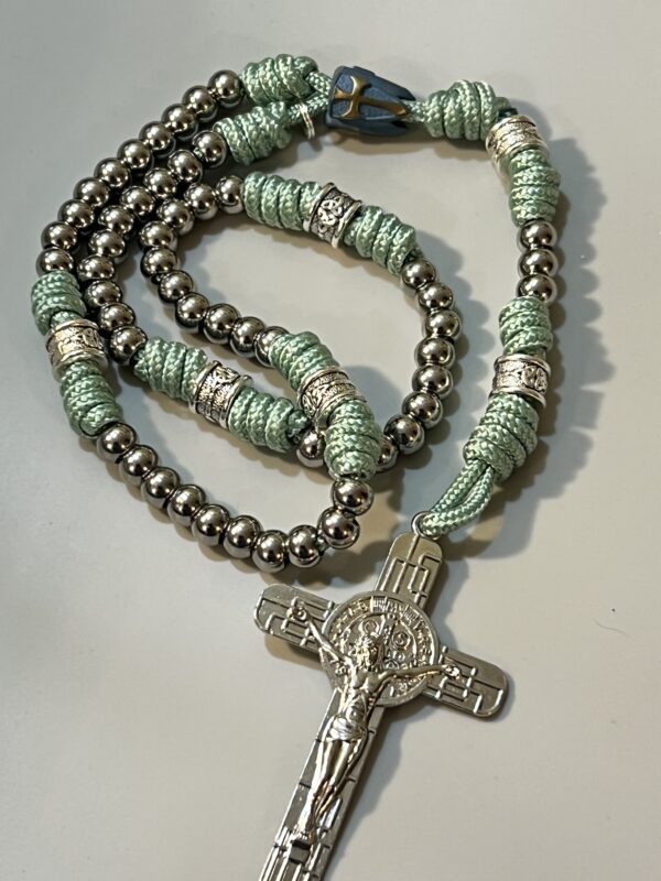 Stainless Steel Rosary with Celtic Knot Accents & Mint Green Paracord