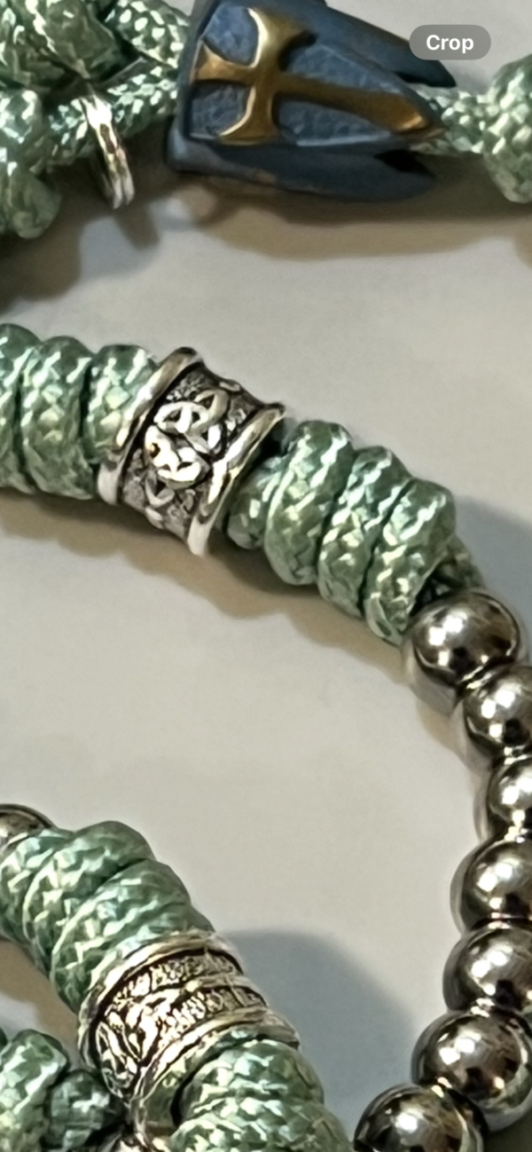 Stainless Steel Rosary with Celtic Knot Accents & Mint Green Paracord - Image 4