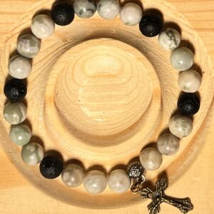 Bracelet lava beads and Jade with crucifix